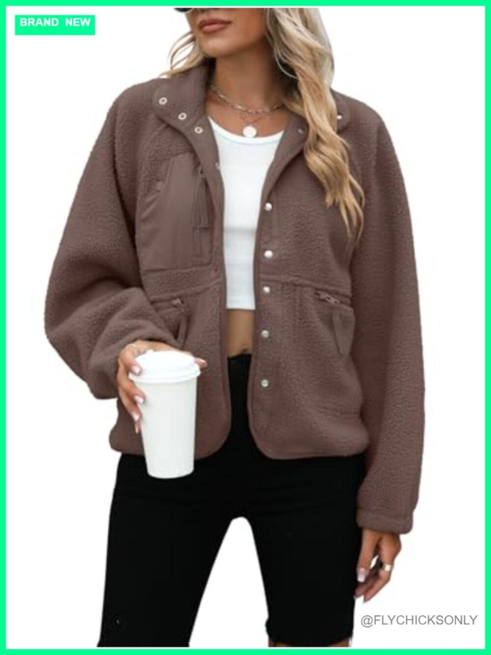 Womens Sherpa Fleece Button Down Jacket Cropped Oversized Fuzzy Coat